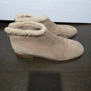 Eileen Fisher Beige Suede Drift Shearling Trim Ankle Booties Zip Back 10